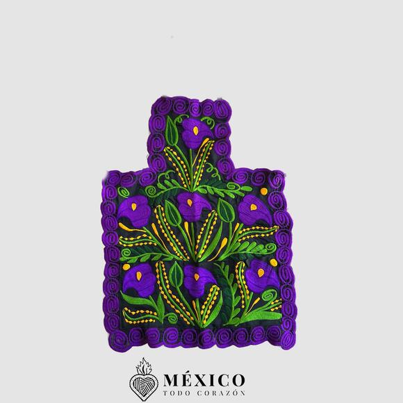 Purple flowered Mexican apron 28 x 21 inches ties top and back Alcatrazes - Picture 2 of 3